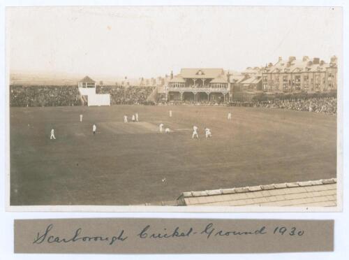 Scarborough Cricket Ground 1930. Original sepia real photograph postcard of a general view of a match in progress at Scarborough in 1930, with the pavilion and packed stands in the background. Official stamp for H. Walker, Scarborough to verso. Postally u