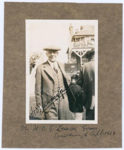 Henry Dudley Gresham Leveson-Gower. Oxford University, Surrey & England 1893-1920. Original sepia candid photograph of Leveson-Gower at Scarborough ‘Sept 1928’, three quarter length wearing a suit and large flat cap, with the pavilion in the background. N