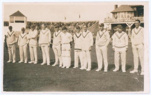 M.C.C. Australian Touring Team 1928. Original sepia real photograph plain back postcard of the M.C.C. team lined up on the outfield at Scarborough for the match v C.I. Thornton’s XI, 5th- 7th September 1928. Players featured include Hobbs, Sutcliffe, Hamm