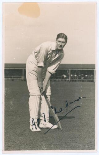 Arthur Percy Frank Chapman. Cambridge University, Kent & England 1920-1938. Original sepia real photograph postcard of Chapman depicted full length in batting pose. Signed in black ink to the photograph by Chapman. Photographer unknown. Ex J.W. Goldman co