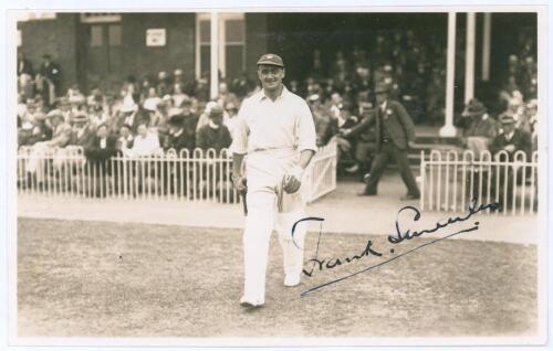Thomas Francis &lsquo;Frank&rsquo; Smailes. Yorkshire & England 1932-1948. Original sepia real photograph postcard of Smailes walking out to bat for Yorkshire at Scarborough in the match v M.C.C., 2nd- 4th September 1936. Very nicely signed in black ink to the photog
