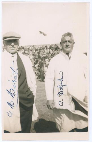 George Hirst and Arthur Dolphin, Scarborough 1937. Original sepia real photograph postcard of the umpires, George Hirst (Yorkshire & England 1891-1929) and Arthur Dolphin (Yorkshire & England 1905-1927) standing three quarter length on the outfield at Sca