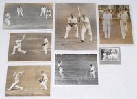 Cricket press photographs 1920s/1930s. A selection of six original mono press photographs. One depicts action from Gentlemen v Players at The Oval, 1931, Foster’s middle stump removed by Wellard. 9.5”x6”. Also four of batsmen in batting action, Les Ames c