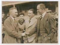 Hedley Verity, Frank Greenwood and Bob Wyatt. Yorkshire v Warwickshire, Headingley, 16th & 18th May 1931. Nice original sepia press photograph of Verity being congratulated after the match by the respective captains, Greenwood and Wyatt. Very nicely signe