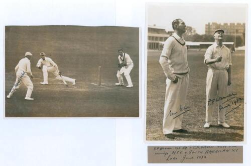 Plum Warner and C.H. Gibson. M.C.C. v South American XI, Lord&rsquo;s, June 1932. Excellent original sepia photograph of the two captains tossing for innings. Very nicely signed in black ink to the photograph by Gibson and Warner. 5.75&rdquo;x8&rdquo;. Includes a trimmed h