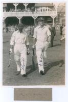 Eddie Paynter and Len Hutton. Scarborough 1937. Original mono photograph of Paynter and Hutton walking out to bat for H.D.G. Leveson-Gower’s XI to resume their innings after lunch on the first day’s play in the match v M.C.C.Australian Touring Team, 4th- 