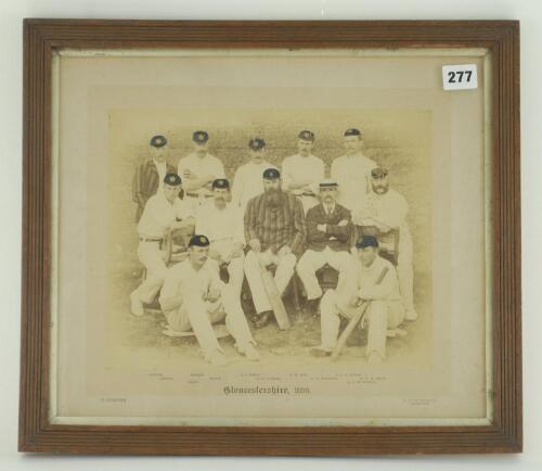 Gloucestershire, 1893. Original sepia photograph of the Gloucestershire team, seated and standing in rows, wearing cricket attire, caps and blazers. Players featured are Dr. W.G. Grace (Cpt), Painter, Roberts, Ferris, Rice, Kitcat, Atfield, Murch, Radclif
