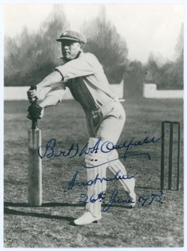 William Albert Oldfield, New South Wales & Australia 1919-1938. Mono press photograph of Oldfield, in New South Wales cap, batting at the wicket. Nicely and boldly signed &lsquo;Bert A. Oldfield, Australia 26th June 1973&rsquo;. Photograph by Central Press Photos Ltd