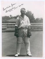 Charles William Walker. South Australia & Australia 1928-1941. Excellent mono press photograph of Walker in wicket keeping pose in 1942. Nicely signed in ink ‘Best Wishes Joan. C.W. Walker. R.A.A.F. Sept 1942’. Photograph stamped to back ‘Photos Ltd, Lond