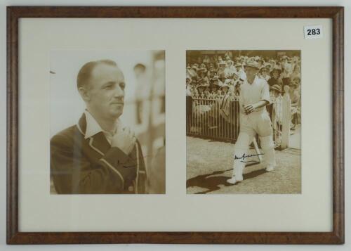 Don Bradman. Two modern reproduction, from original negative, photographs of Don Bradman, one head and shoulders in Australian blazer and the other walking out to bat wearing Australian cap. Each signed in later years by Bradman. Mounted, framed and glaze