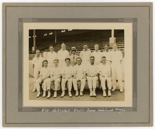 Victoria, Australia. &lsquo;The Interstate Colts Team, Adelaide&rsquo; 1930/31. Signed original official sepia photograph of the Victoria Colts team, seated and standing in rows wearing cricket attire. Dated 31st December 1930. The photograph measures 8.5&rdquo;x6.5&rdquo;, laid