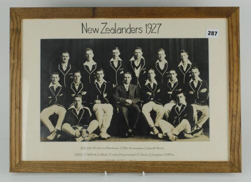 New Zealand tour of England 1927. Mono studio printed[?] photograph of the New Zealand team standing and seated in rows wearing cricket attire and tour blazer with the tour manager D. Hay to centre. The photograph mounted with unofficial title to top and 