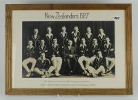 New Zealand tour of England 1927. Mono studio printed[?] photograph of the New Zealand team standing and seated in rows wearing cricket attire and tour blazer with the tour manager D. Hay to centre. The photograph mounted with unofficial title to top and 