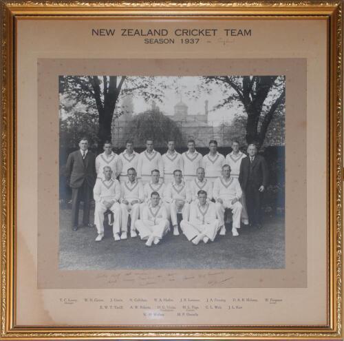 New Zealand tour to England 1937. Large official mono photograph of the New Zealand touring party seated and standing in rows wearing cricket attire. The photograph measures 11.5&rdquo;x9.75&rdquo;, laid to photographer&rsquo;s mount with printed title &lsquo;New Zealand Cricket