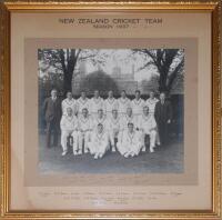 New Zealand tour to England 1937. Large official mono photograph of the New Zealand touring party seated and standing in rows wearing cricket attire. The photograph measures 11.5”x9.75”, laid to photographer’s mount with printed title ‘New Zealand Cricket