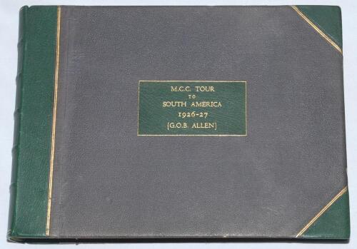 &lsquo;M.C.C. Tour to South America 1926-27 (G.O.B. Allen)&rsquo;. George Oswald Browning &lsquo;Gubby&rsquo; Allen. Middlesex, Cambridge University & England 1921-1950. Large original photograph album comprising approx. two hundred and thirty original mono photographs of variou