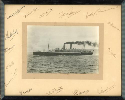 M.C.C. tour to Australia 1946/47. Official Union-Castle Line R.M.V. &lsquo;Stirling Castle&rsquo; photograph of the ship that took the M.C.C. to Australia for the 1946/47 tour. Signed to the verso in ink by all seventeen playing members of the touring party. Signatur