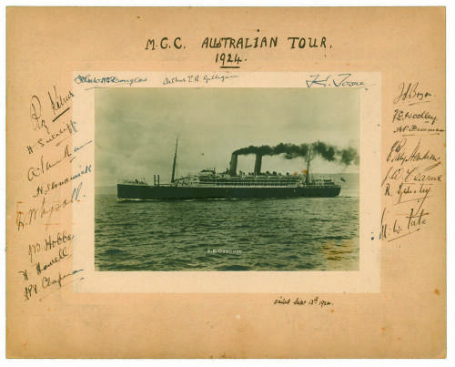 M.C.C. tour of Australia 1924/1925. Original mono real photograph of the S.S. Ormonde, the ship which took the M.C.C. team to Australia in 1924. The photograph, laid down to photographer’s mount, has handwritten title ‘M.C.C. Australian Tour 1924’ to top 