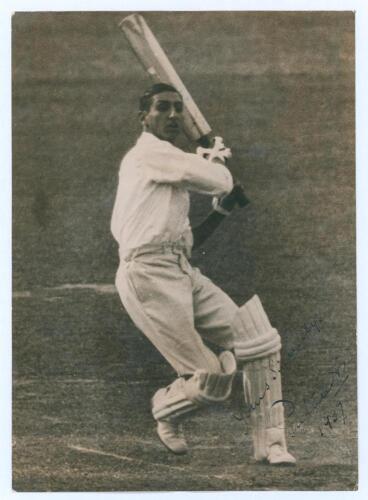 Iftikhar Ali Khan, Nawab of Pataudi. Oxford University, Worcestershire, England & India 1928-1948. Original mono press photograph of the Nawab of Pataudi in batting action playing a pull shot. Signed and dated to the image ‘Yours sincerely, Pataudi 1937’.