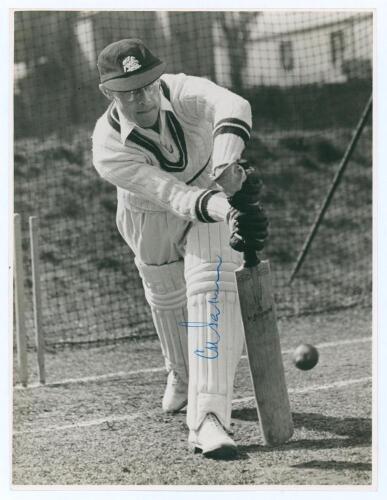 Charles Henry Palmer. Worcestershire, Europeans, Leicestershire, & England 1938-1959. Original mono press photograph of Palmer, full length, playing a forward defensive shot in the nets. Nicely signed in blue ink to the photograph by Palmer. Leicester Mer