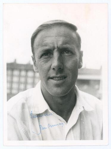 John Thomas Murray. Middlesex & England 1952-1975. Original mono press photograph of Murray, head and shoulders wearing cricket attire for his selection for the 1965/66 tour to Australia. Signed to the image in blue ink by Murray. Photograph by the Centra