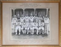 &lsquo;Yorkshire County Cricket XI. County Champions Coronation Year, 1937&rsquo;. Large original mono photograph of the Yorkshire team seated and standing in rows wearing cricket attire. The photograph by Albert Wilkes & Son of West Bromwich is laid down to official