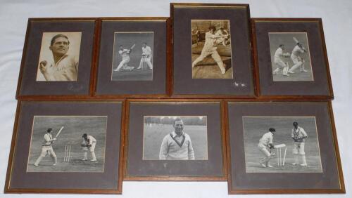 Cricket photographs. Collection of eight framed photographs, some signed. The signed photographs are of Jim Laker bowling, Neil Harvey, head and shoulders and Len Hutton, half length. Unsigned photographs include Keith Millar, Don Braman, Bill Brown, Pete