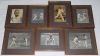 Cricket photographs. Collection of eight framed photographs, some signed. The signed photographs are of Jim Laker bowling, Neil Harvey, head and shoulders and Len Hutton, half length. Unsigned photographs include Keith Millar, Don Braman, Bill Brown, Pete