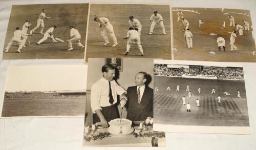 Big match press photographs 1936-1953. Six large original mono press photographs, the majority of Test match action. Images are England v India, 1st Test, Lord&rsquo;s 1936, Hindlekar batting. Nottinghamshire v Australians, Trent Bridge 1934, Voce bowling &lsquo;leg 