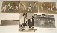 Big match press photographs 1936-1953. Six large original mono press photographs, the majority of Test match action. Images are England v India, 1st Test, Lord&rsquo;s 1936, Hindlekar batting. Nottinghamshire v Australians, Trent Bridge 1934, Voce bowling &lsquo;leg 