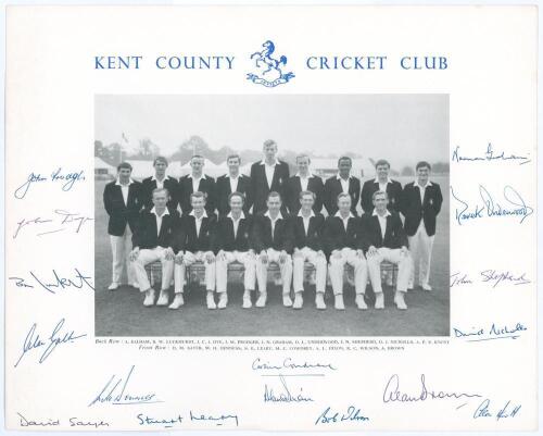 Kent. Official &lsquo;Kent County Cricket Club&rsquo; printed photograph of the 1967 Gillette Cup winning team standing and seated in rows wearing blazers. Signed to the borders by all sixteen featured players. Signatures are Cowdrey (Captain), Denness, Sayer, Leary,