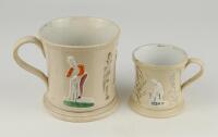 Cricket mugs. Two similar Staffordshire waisted mugs with strap handles and beaded rims. With three relief moulded figures of a batsman, bowler and wicket keeper, believed to be Lillywhite, Pilch and Box. Floral silver lustre decoration between figures, c