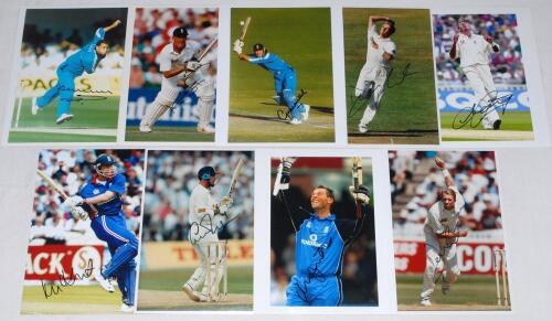 England signed photographs 1990s/2000s. Fifteen colour and fifteen mono press photographs of England players, the majority in match action. Each signed by the featured player(s). Signatures are Gough, Stewart (4 different), Hick (2), Cork (2), Caddick, At