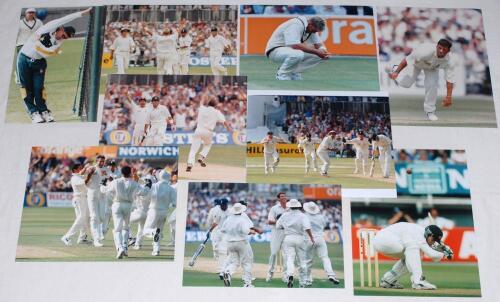 Australia tour to England 1997. Forty five colour press photographs from the tour, the majority of match action, training etc. Players featured include McGrath, Warne, M. Waugh, Blewett, Kasprowicz, S. Waugh, Bevan, Reiffel (Australia), Thorpe, A. Hollioa