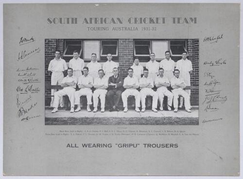 South Africa tours 1930s. Two photographs of South African touring parties. &lsquo;South African Cricket Team Touring Australia 1932-32&rsquo;, large mono printed promotional photograph of the South African team produced by &lsquo;Gripu&rsquo; trousers. Printed titles, players&rsquo; 