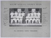 South Africa tours 1930s. Two photographs of South African touring parties. &lsquo;South African Cricket Team Touring Australia 1932-32&rsquo;, large mono printed promotional photograph of the South African team produced by &lsquo;Gripu&rsquo; trousers. Printed titles, players&rsquo; 