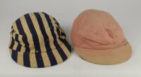 Harrow School 1st XI cricket cap worn by Robin Marlar (Sussex C.C.C. 1951-1968). The vertical striped blue and white cap, by Harrow School Stores, with &lsquo;R.G. Marlar&rsquo; handwritten to label. Sold with a similar all pink cricket cap worn by Marlar and made by