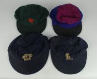 Cricket caps worn by Robin Marlar during his playing career. Four caps, one a Cricket Society cap, by Simpson of Piccadilly, in navy blue with cream embroidered emblem of &lsquo;old father time&rsquo; to front, a &lsquo;Frogs&rsquo; wandering cricket club cap, by Foster of Londo