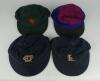 Cricket caps worn by Robin Marlar during his playing career. Four caps, one a Cricket Society cap, by Simpson of Piccadilly, in navy blue with cream embroidered emblem of &lsquo;old father time&rsquo; to front, a &lsquo;Frogs&rsquo; wandering cricket club cap, by Foster of Londo