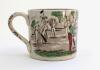 Village cricket mug. Staffordshire 19th century mug, transfer printed in black with two scenes of village cricket, with church and tents to background, floral and oak leaf rim decoration and crossed cricket bats, balls and stumps decoration to handle. Han