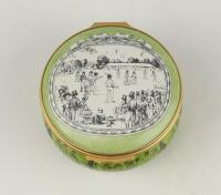 &lsquo;Cricket at Lord&rsquo;s&rsquo;. Halcyon Days circular enamelled pill box. The lid with scene of Lord&rsquo;s at the beginning of the 19th Century, the hinged lid revealing title &lsquo;Cricket at Lord&rsquo;s in the early 19th Century&rsquo; and small vignette of a cricketer in top hat. T