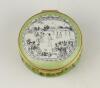&lsquo;Cricket at Lord&rsquo;s&rsquo;. Halcyon Days circular enamelled pill box. The lid with scene of Lord&rsquo;s at the beginning of the 19th Century, the hinged lid revealing title &lsquo;Cricket at Lord&rsquo;s in the early 19th Century&rsquo; and small vignette of a cricketer in top hat. T