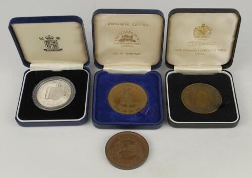 Commemorative cricket medals. The Centenary Test Match. England v Australia 1880-1980. Medallion commemorating the first Test match at the Kennington Oval September 1880, &lsquo;Barbados Buckle&rsquo; silver $10 coin, struck by the Royal Mint in 1991. Limited edition