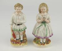Staffordshire cricket figures. Pair of original decorative Staffordshire 19th century pottery figures depicting a boy holding a cricket bat, wearing a white smock coat, and a girl, in three quarter length dress, holding a ball. Approximately 6&rdquo; tall. Good