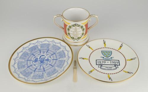 M.C.C. Bicentenary 1787-1987. Spode china two handled loving tankard with decoration and titles to front and back, gold lustre to handles, rim, and base. 4.5&rdquo; tall. Sold with a commemorative plate for &lsquo;Sussex 1839-1989. The first County Cricket Club&rsquo; made