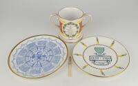 M.C.C. Bicentenary 1787-1987. Spode china two handled loving tankard with decoration and titles to front and back, gold lustre to handles, rim, and base. 4.5&rdquo; tall. Sold with a commemorative plate for &lsquo;Sussex 1839-1989. The first County Cricket Club&rsquo; made