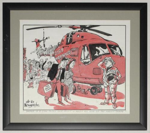 Ian Botham. Alan de la Nougerede. Amusing original pen and ink with colour cartoon artwork by the artist showing Ian Botham as the pilot of a helicopter which is taking Prince Andrew and Sarah Ferguson away on their honeymoon in July 1986 with the Queen a