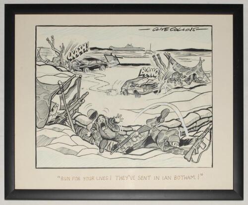 Ian Botham. Clive Collins. &lsquo;Run for your Lives....&rsquo;. Large amusing original pen and colour artwork showing an image of a battle zone with a landing craft to background and cars crashing their way through machine guns posts and soldiers. To foreground thei