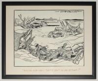 Ian Botham. Clive Collins. &lsquo;Run for your Lives....&rsquo;. Large amusing original pen and colour artwork showing an image of a battle zone with a landing craft to background and cars crashing their way through machine guns posts and soldiers. To foreground thei