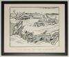 Ian Botham. Clive Collins. &lsquo;Run for your Lives....&rsquo;. Large amusing original pen and colour artwork showing an image of a battle zone with a landing craft to background and cars crashing their way through machine guns posts and soldiers. To foreground thei